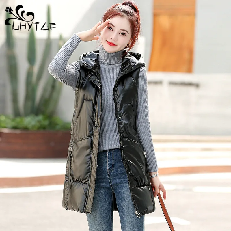 

2023 New Glossy Down Coat Women Vest Cotton Sleeveless Jacket Autumn Winter Women's Long Vest Puffer Coat Hooded Warm Waistcoat