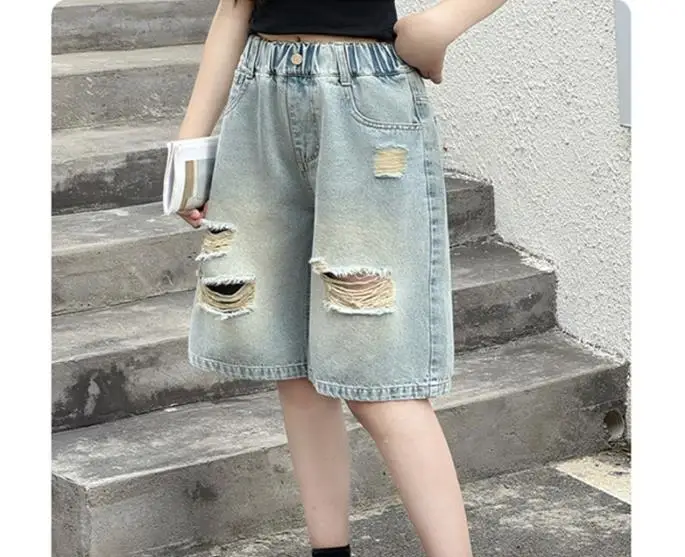 Kids Fashion Street Style Ripped Denim Shorts for Boys And Girls Trendy Summer Broken Jeans with Hole 5-14 Years Old