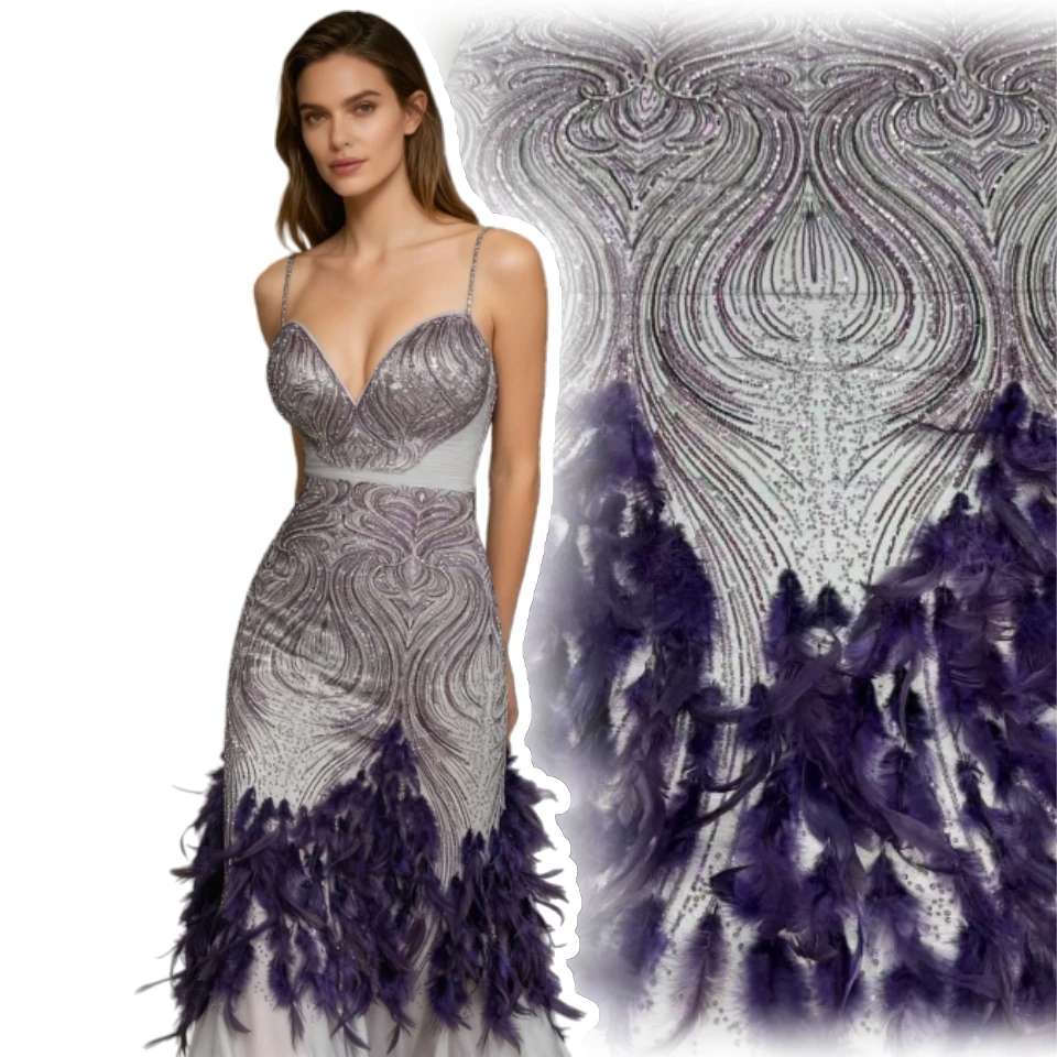 

High Quality African 3D Feather Embroidered Lace Fabric Sequins Mesh Lace Luxury Beads Tulle Lace For Sewing Accessories AH1807