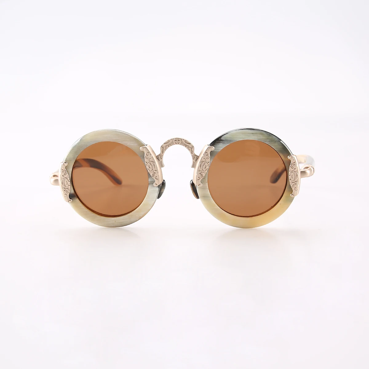 Chinese style copper metal nose pads handmade custom round small temples natural horn glasses sunglasses