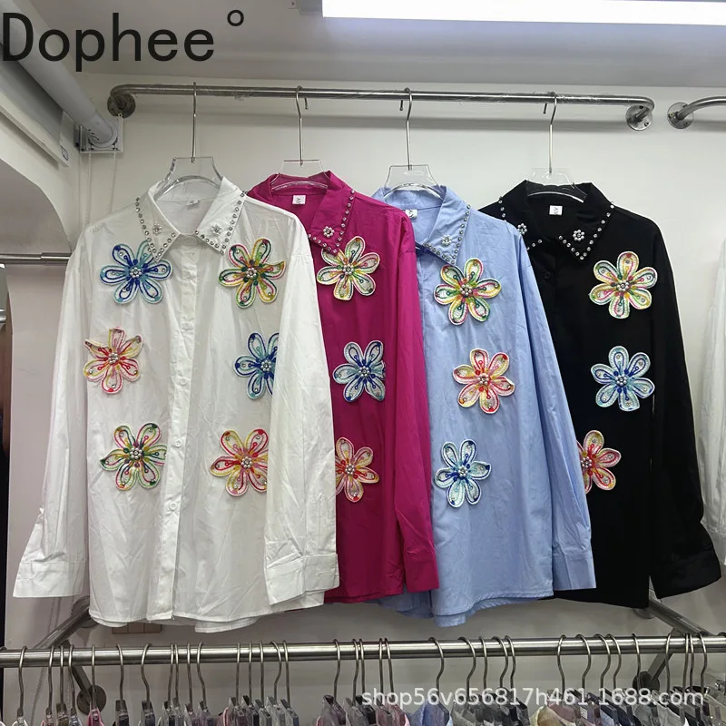 

2025 New Autumn Long Sleeve Women Blouses Three-dimensional Flowers Diamonds Single-breasted Cardigans Top Female Casual Shirts