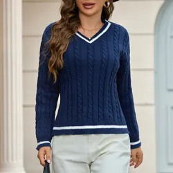 Retro Color Blocked Threaded Knitted Sweater Women V-Neck Elegant Slim Pullover Autumn Winter Long Sleeved Casual Sweaters