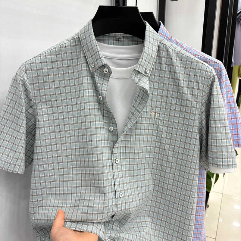 2026 Summer Pure Cotton Short Sleeved Shirt Men's Pure Cotton Checkered Embroidered Business Casual Shirt