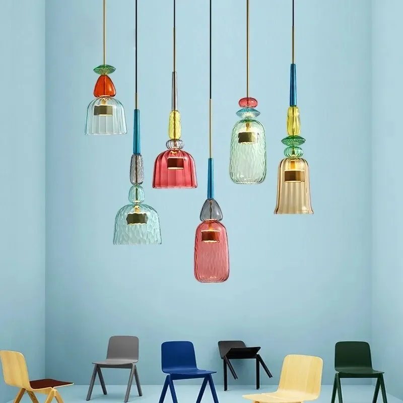 

Scandinavian Macaron Colourful Dining Room Lampshade Modern Simple Creative Dining Table Candy Colourful Luster Glass Chandelier