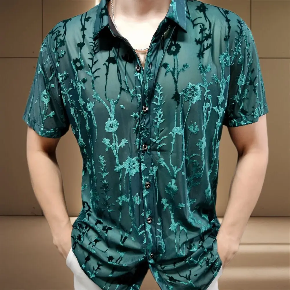 

2024 New DJ Prom Shirt Short Sleeve See Through Lace Shirt Chemise Homme Men Club Party Transparent Flower Velvet Shirt Men