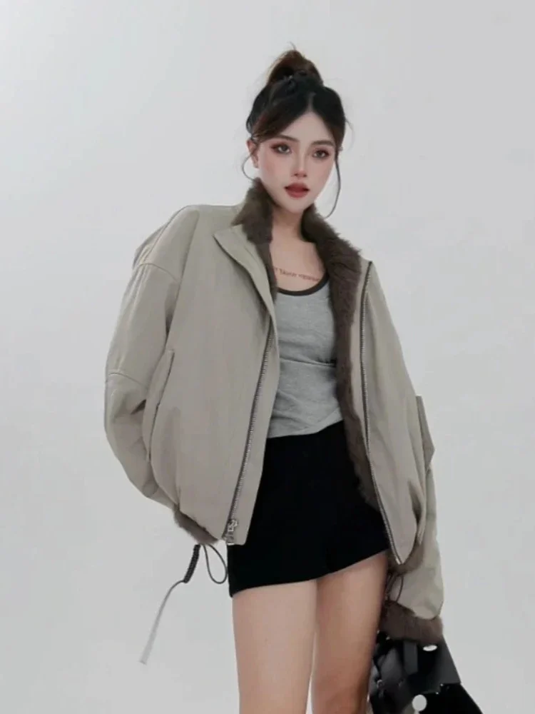 

2025 New Winter Short Top Clothes Women Natural Rabbit Fur Inner Liner Parke Jcaket Female Wearable On Both Sides Loose Coat