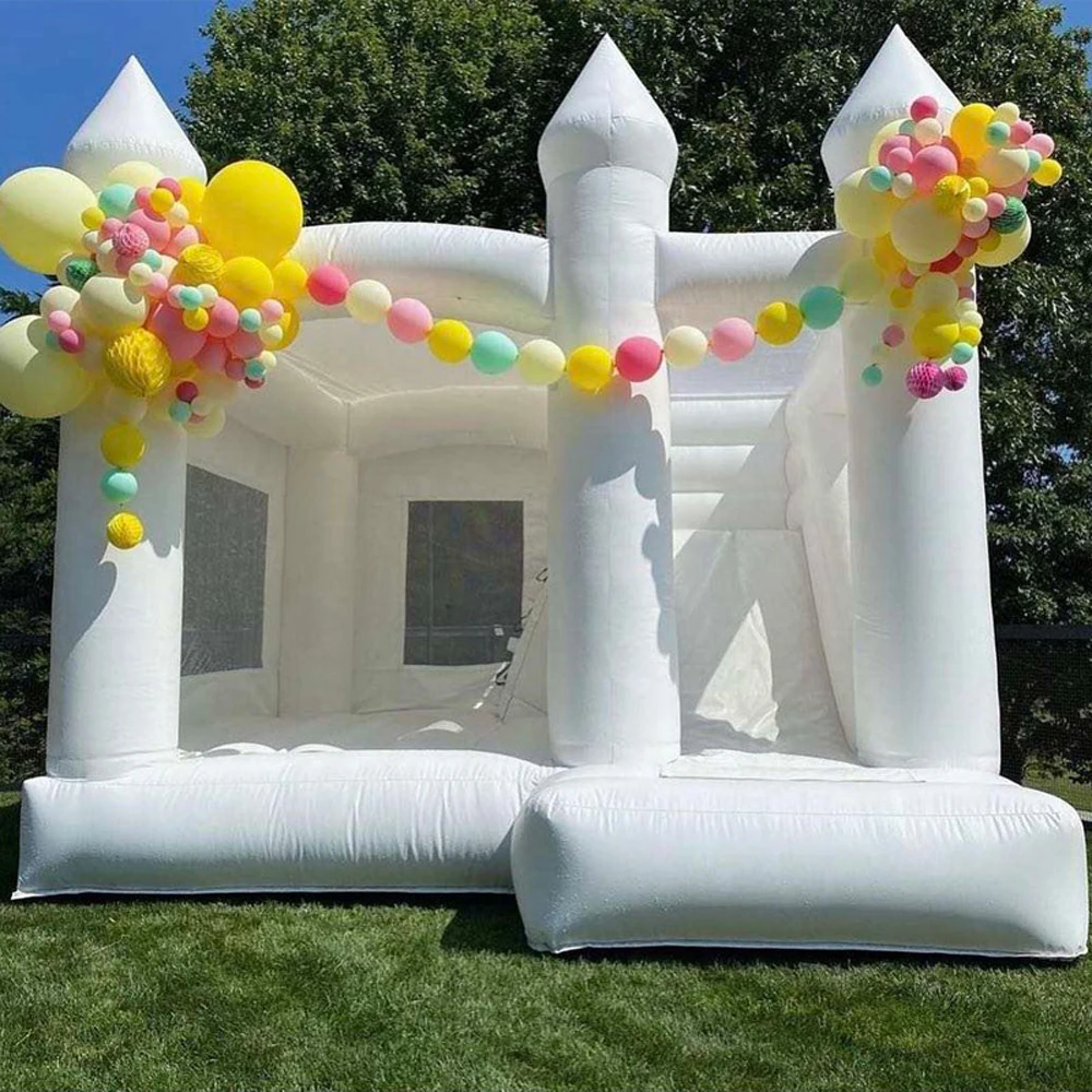 Commercial White Wedding Bounce House With Turret Top Inflatable Bouncy Castle Slide Combo For Kids And Adults