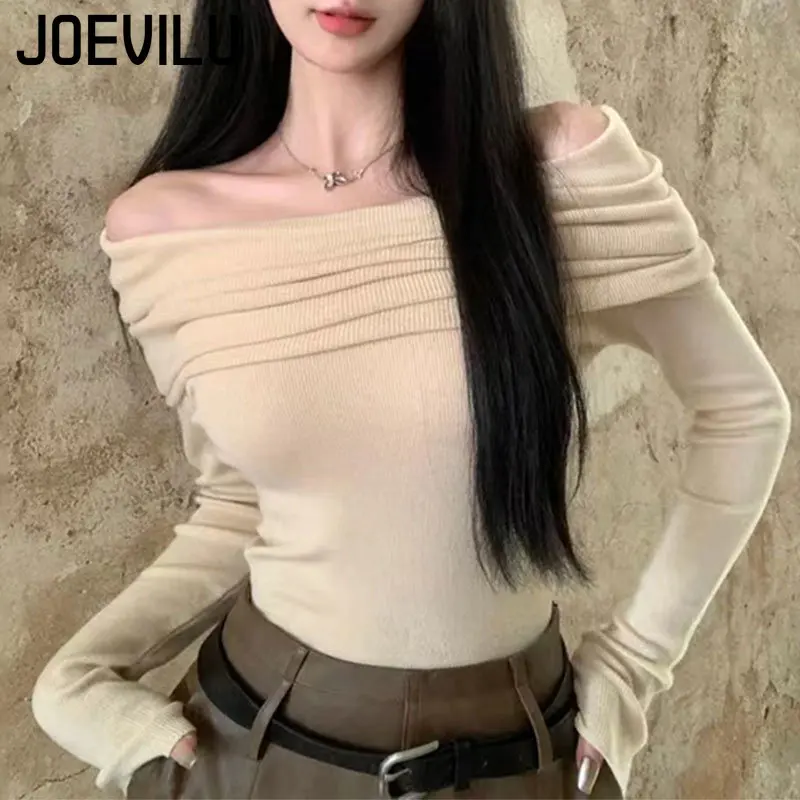 Off Shoulder Knitwear Jumper Korean Fashion Design Long Sleeve Top Ladies Chic Sweater Women Spring Sexy Skinny Bottoming Shirt