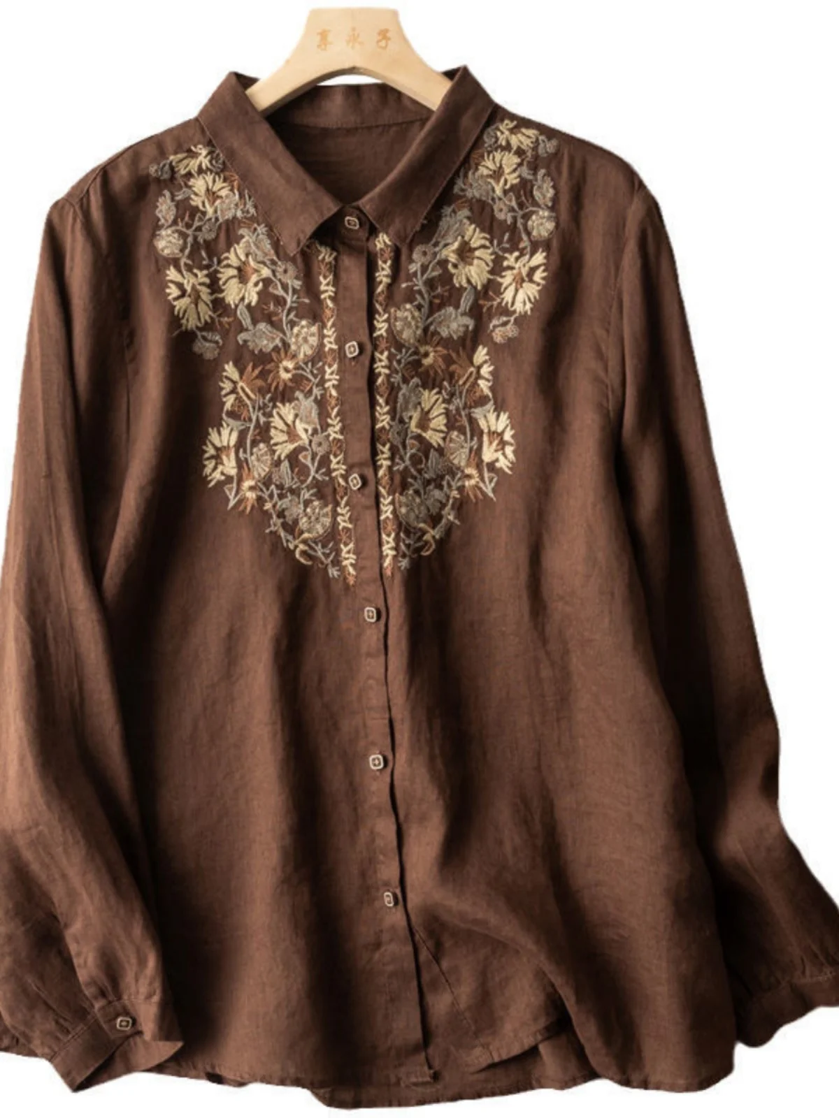 Artistiek Vintage Geborduurd Losvallend Linnen irt Dames Faion Afslanken Casual Binnenkleding Lente Seizoen Lang Sve