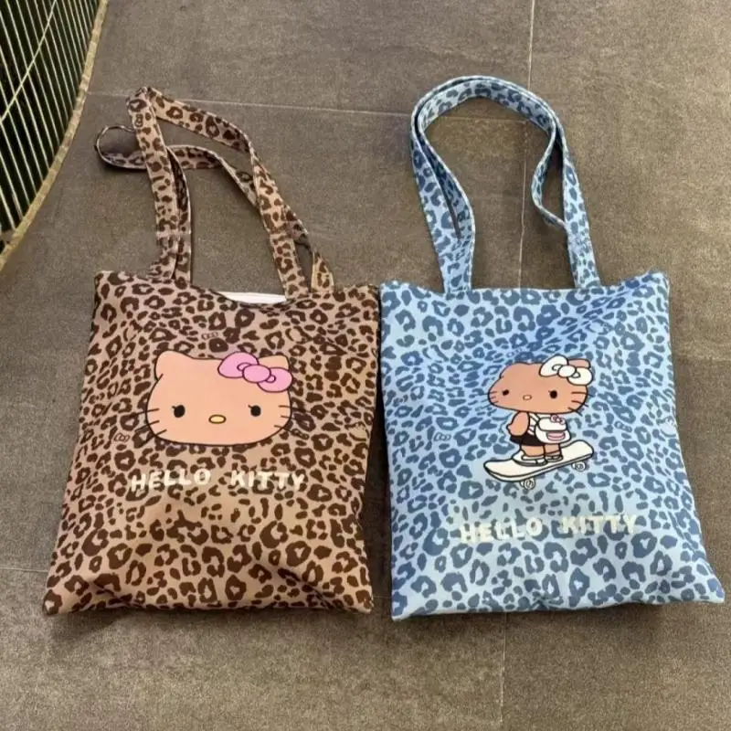 

Сумка-тоут в стиле аниме Sanrio Hello Kitty, корейская версия, сумка на плечо, сумки для покупок, леопардовый принт, милые популярные подарки для летних каникул для девочек