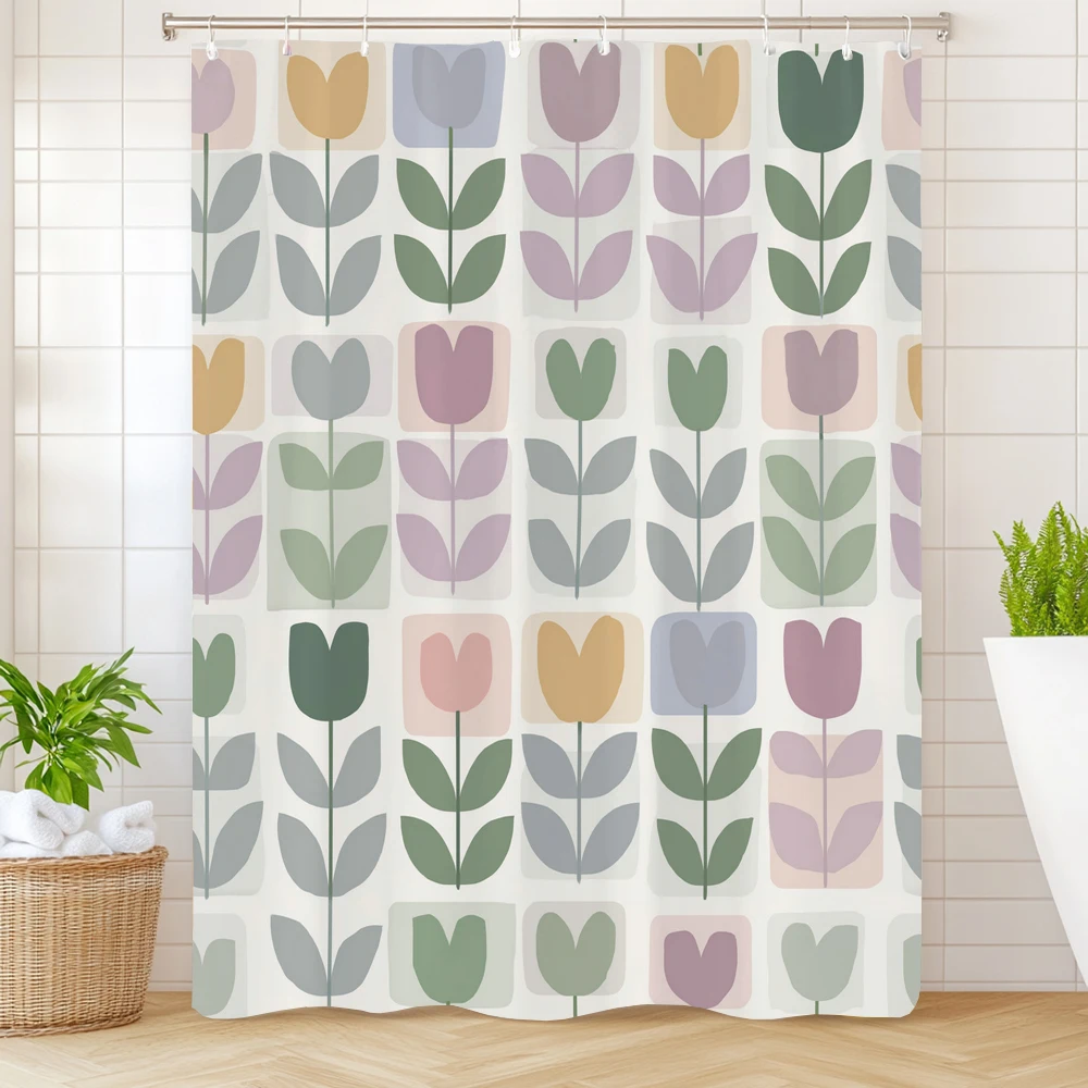 1pc Simple style Flowers Print Waterproof Shower Partition Privacy Hanging Curtain with 12 Hooks Multiple Size Machine Washable