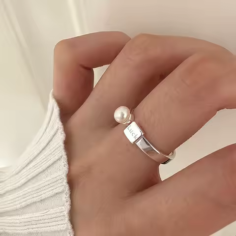 925 Sterling Silver Geometric Letter pearl Rings For Women Men Simple Korean Fashion Open Adjustable Handmade Ring Couple Gifts
