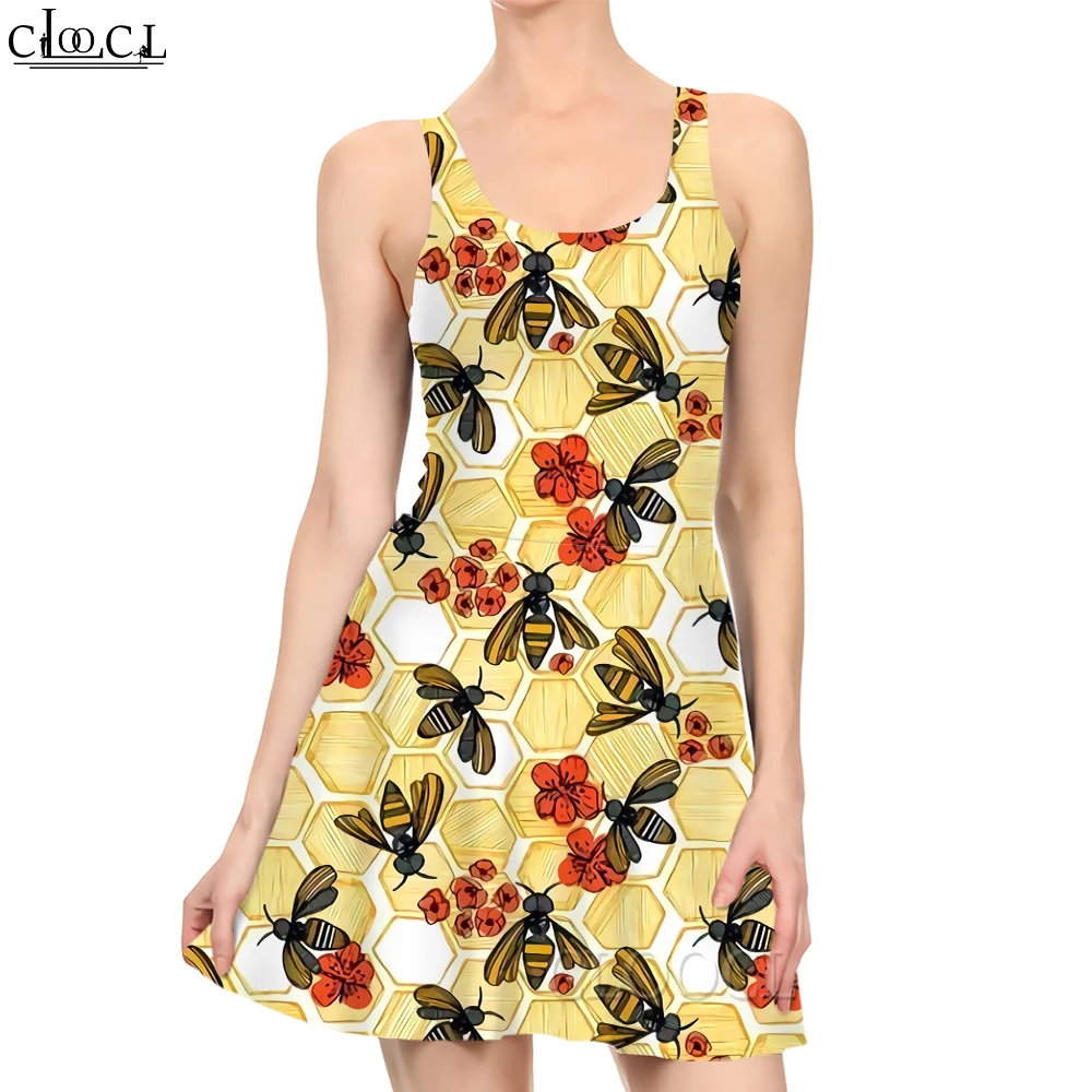 

CLOOCL New Fashion Women Mini Dress Yellow Bees Nest Pattern 3D Printing Summer Female Sleeveless Short Dresses Casual Style