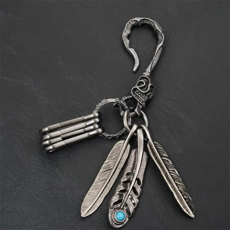 New Fashion Trends Vintage Aesthetic Metal Hook Keychain Charm Feather Turquoise Creative Waist Ornament Pendant