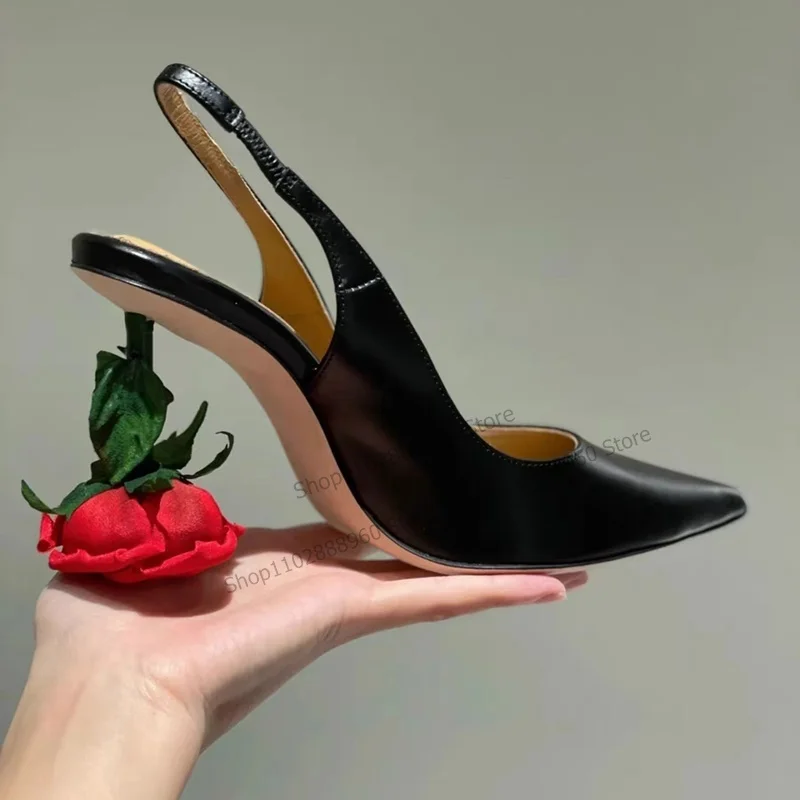 

Black Matte Leather Rose Heel Pumps Strange Style Heels Shoes for Women Back Strap Pointed Toe Fashionable Zapatillas Mujer