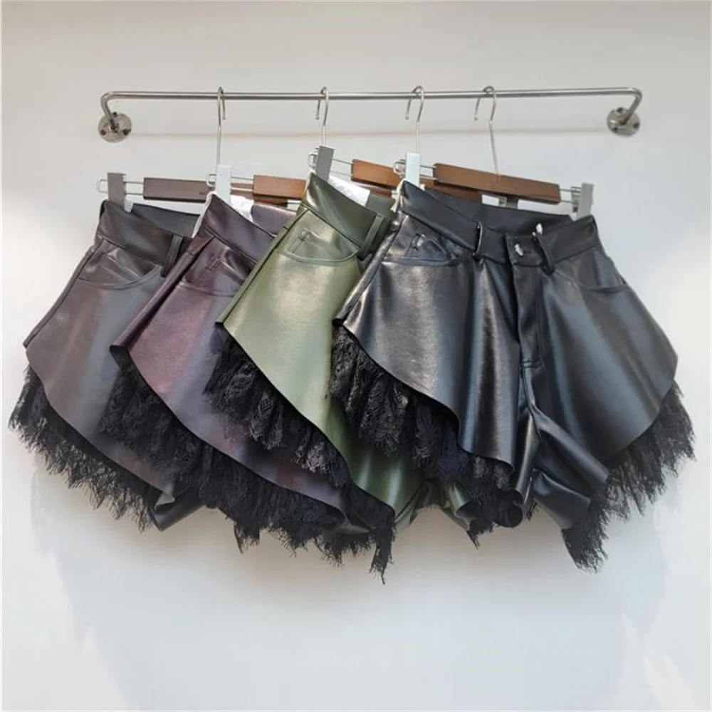 High waisted PU leather patchwork lace women's casual pants  shorts new