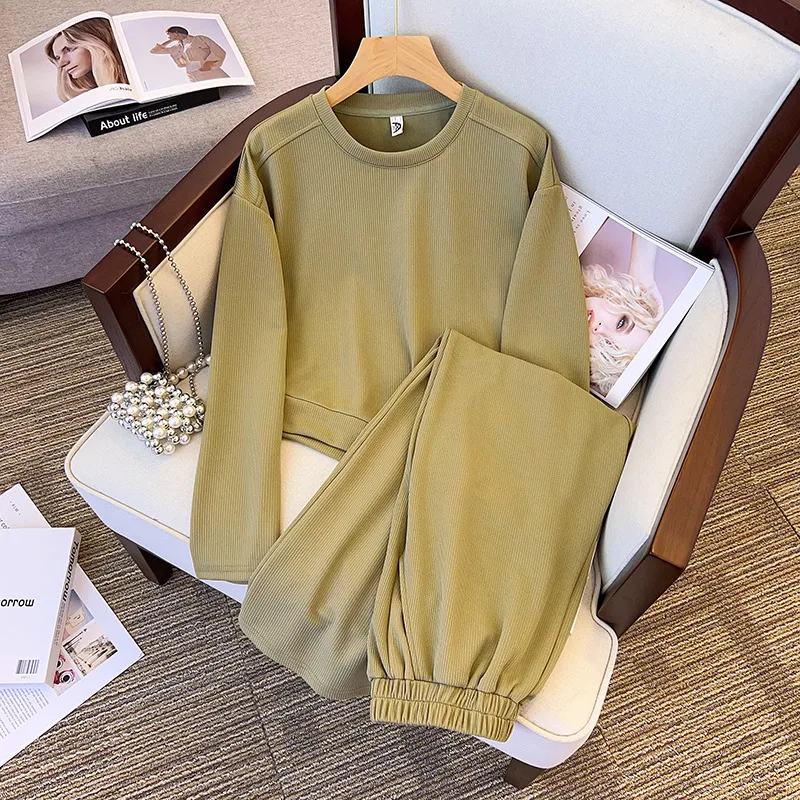 

Autumn Solid Asymmetrical Tops Trousers Matching Suit Women Long Sleeve Casual Clothing Spring Pullover Female Straight Pant Set