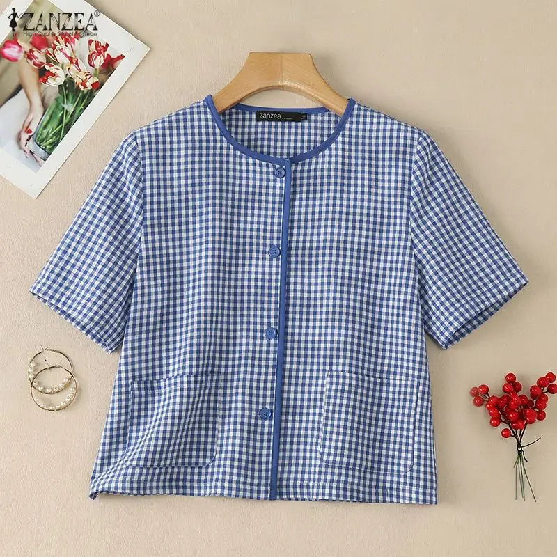 

Woman Casual Gingham Contrast-Trim Shirts O-Neck Short Sleeve Button Up Short Tops ZANZEA Summer Checked Thin Chemises Femme