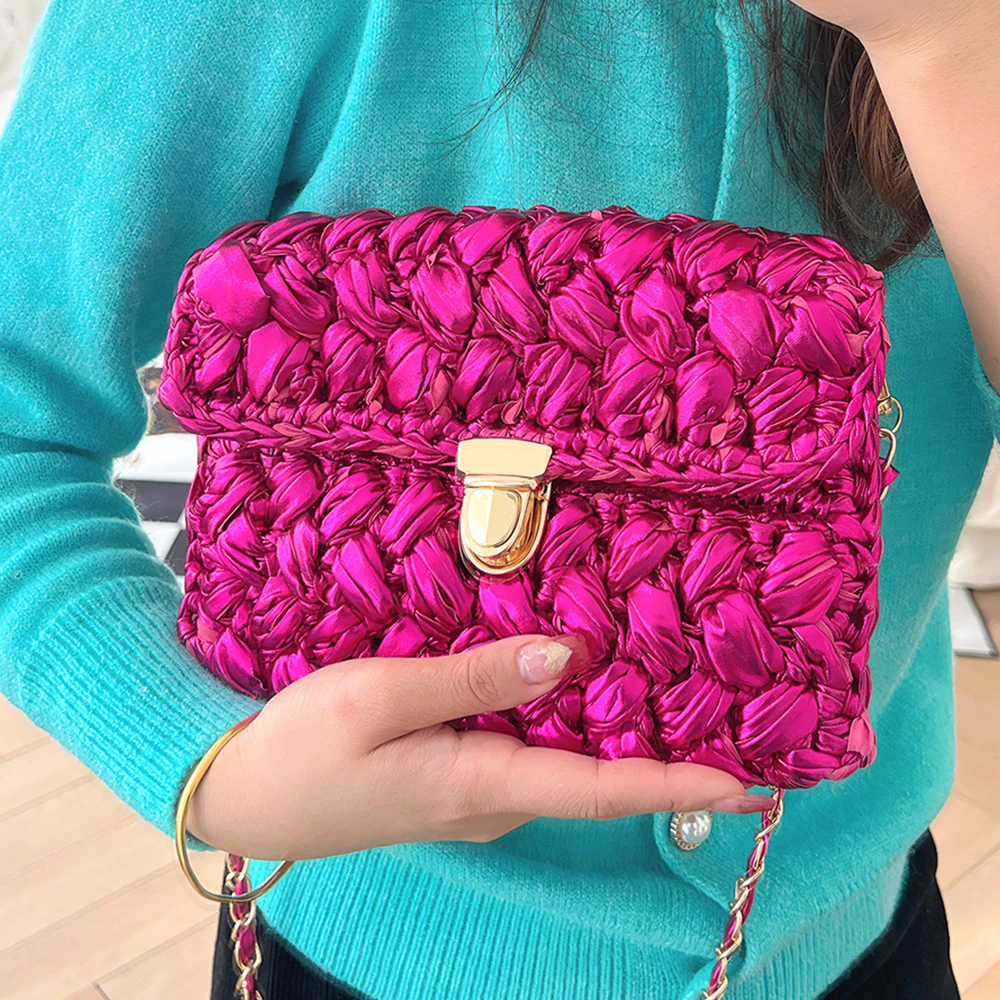 Candy Color Knitting Shoulder Bag Handmade Crochet Crossbody Bags for Women Glossy Woven Purses and Handbags Chains Phone Flap