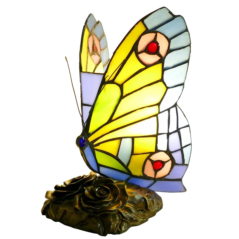 

#@Butterfly Tiffany Style Stained Glass Table Lamp Vintage Table Lamp Night Light LED Bulb Included for Home Room Decor Gift