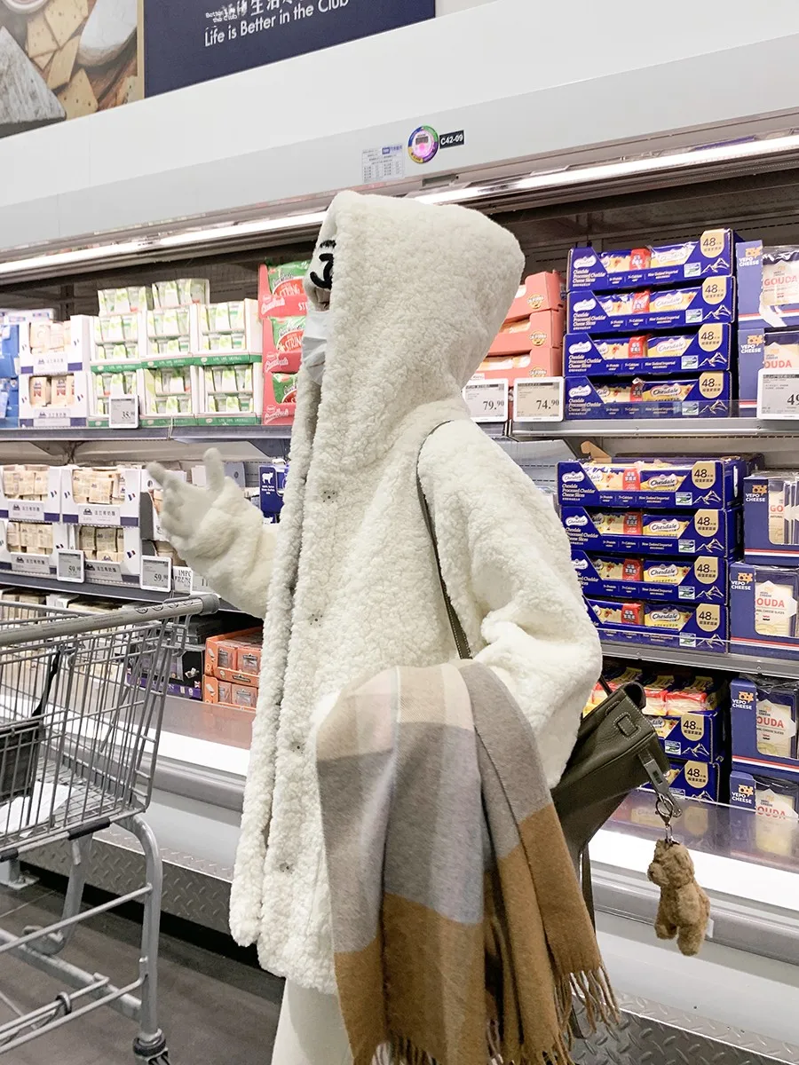 2025, neuer Damen-Lammfellmantel, Winter, Thiened Long Sve, lockere Passform, mit Kapuze, weiße Pelz-Oberbekleidung, umweltfreundliches Leder