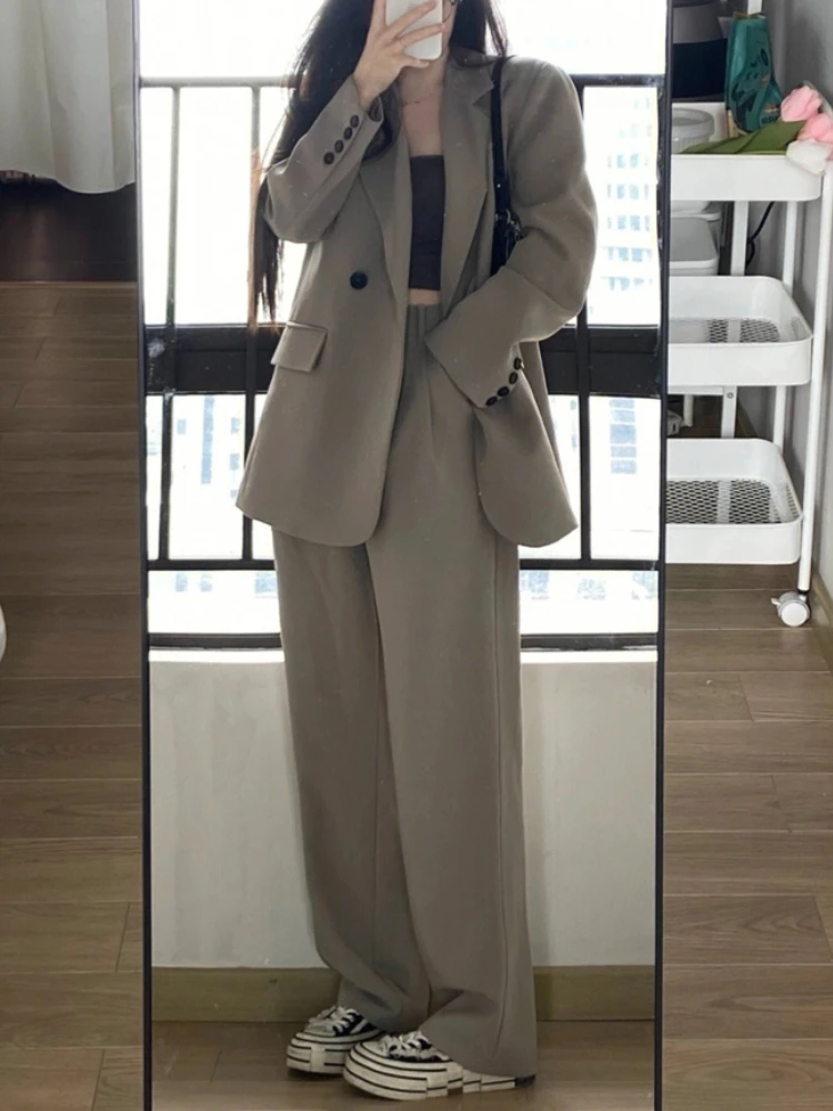 Elegant and Chic Women Blazer Pantsuit Casual Vintage Solid Jackets Coat Wide-Leg Pants Two Pieces Set Female Outfits Clothes