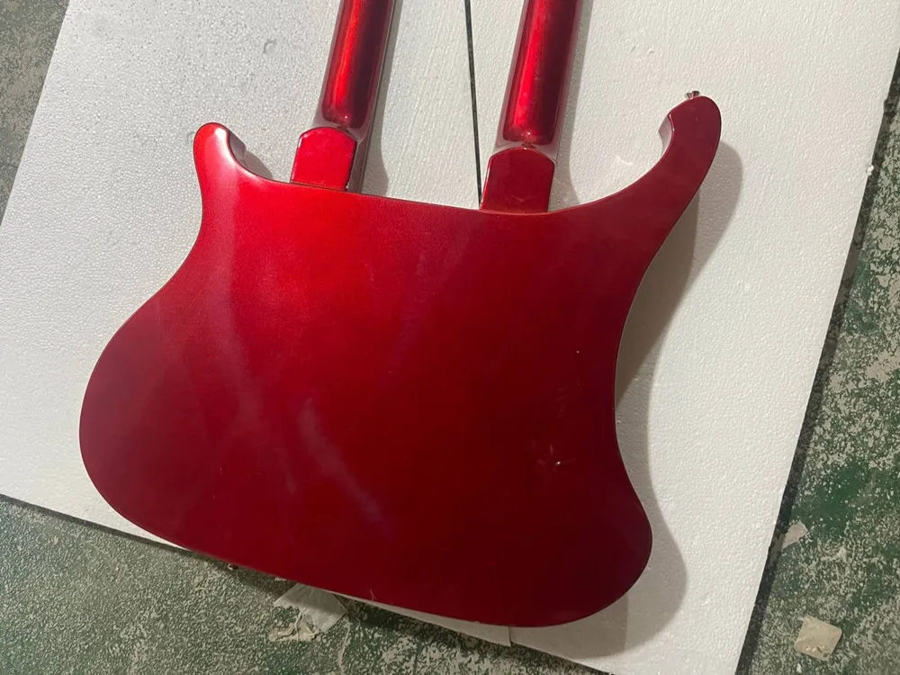 Double neck Red body Electric Bass Guitar with White Pickguard,Chrome Hardware,Provide custom service