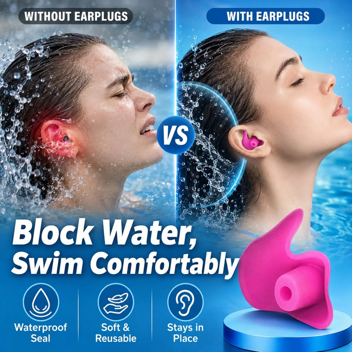 Waterproof Reusable Ear Plugs Comfortable Fit Classic Texture Design For Swimming And Home Daily Use Noise Reduction