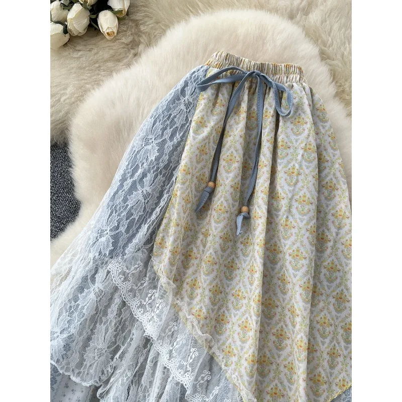 Elegant Sweet Forest System High Waist midi Skirt Fof Women Summer New Design Lace Splicing Floral Asymmetrical Fairy Skirt