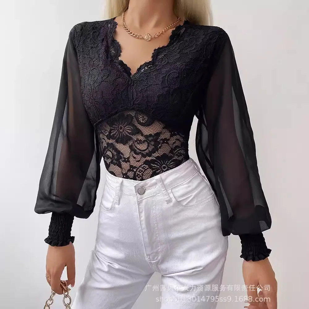 Women Lace Splice Sexy Tops V Neck Tight Waist Hollow Out T Shirt Full Sleeve Slim Fit Elegant Lady Autumn Slight Strech