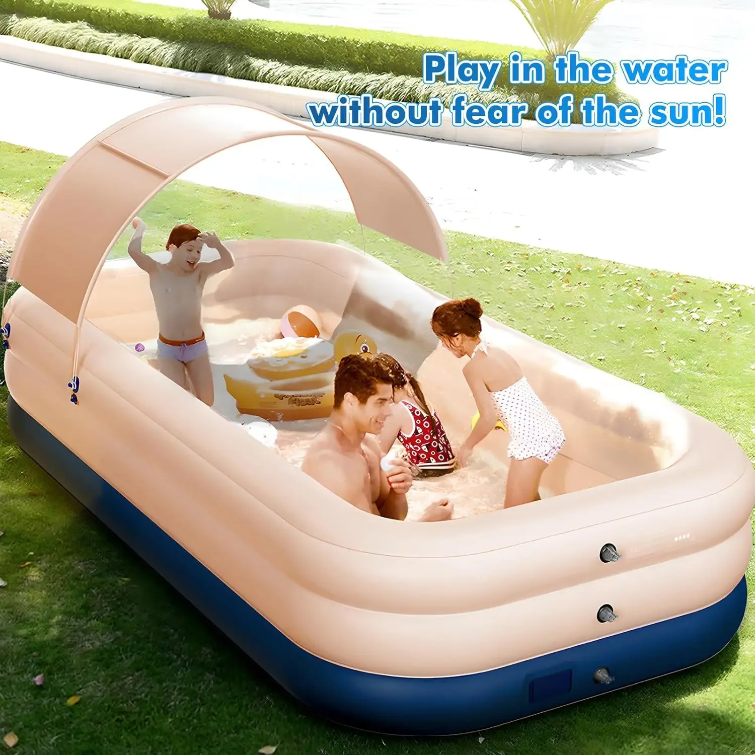 Inflatable Swimming Pool with Canopy,Extra Large Blow Up Family Pool with Batteries Unplugged Built-in Pump for Outdoor Garden