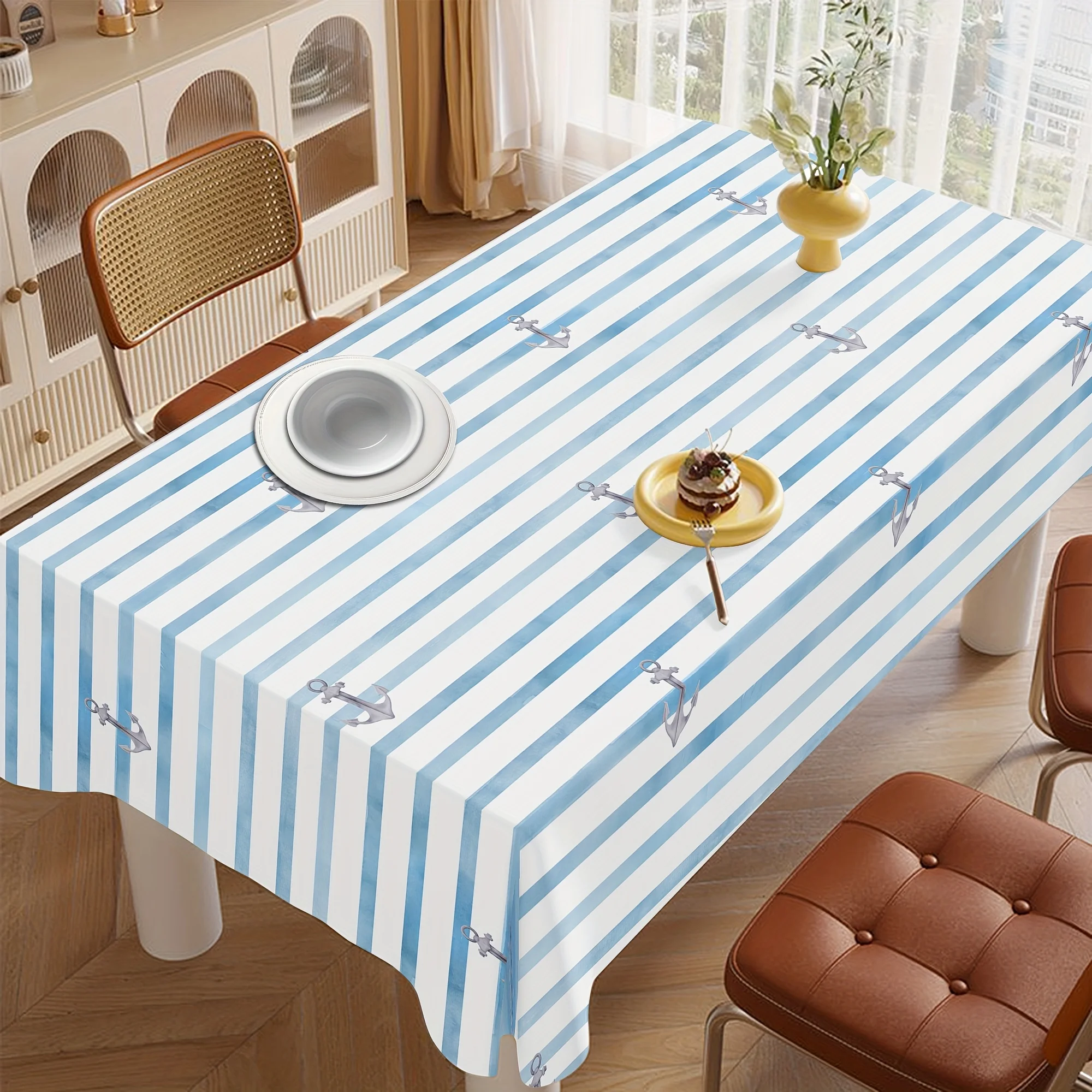 JIT 1PC blue and white striped and anchor printed tablecloth - suitable for party indoor and outdoor decoration, gatherings