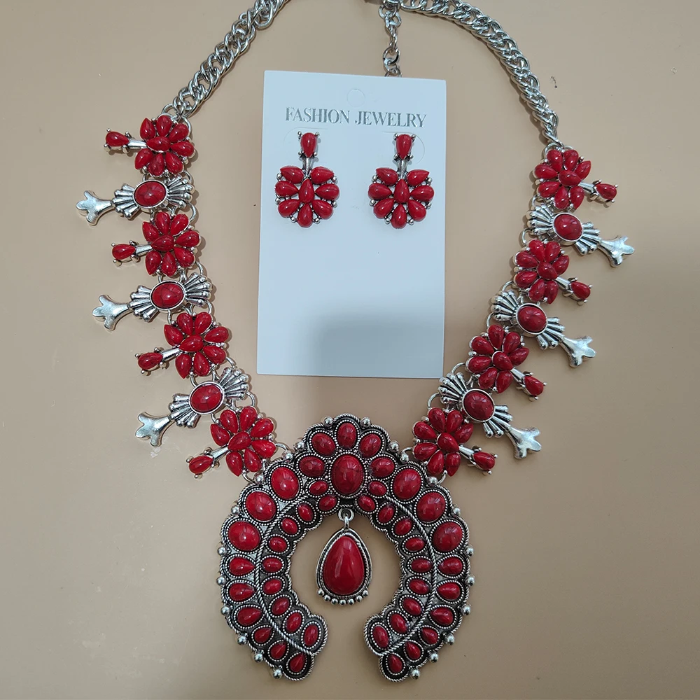 Navajo Indian Jewelry Set Costume Statement Red Turquoise Stone Resin Earrings and Western Squash Blossom Necklace for Women