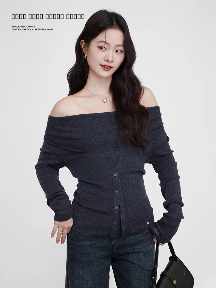 

Женский вязаный свитер Ele Lazy с одним открытым плечом, длинным рукавом, дизайнерский топ с вырезом на плече, Galaxy Residents