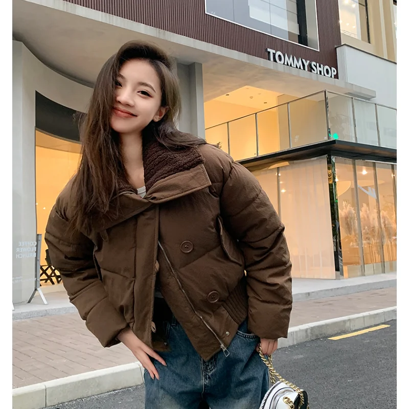 Brown Down Jacket Womens Winter Thickening Warm Solid Korean Fashion Y2K Female 2023 Black Down Cotton Coat Oversized Outwear