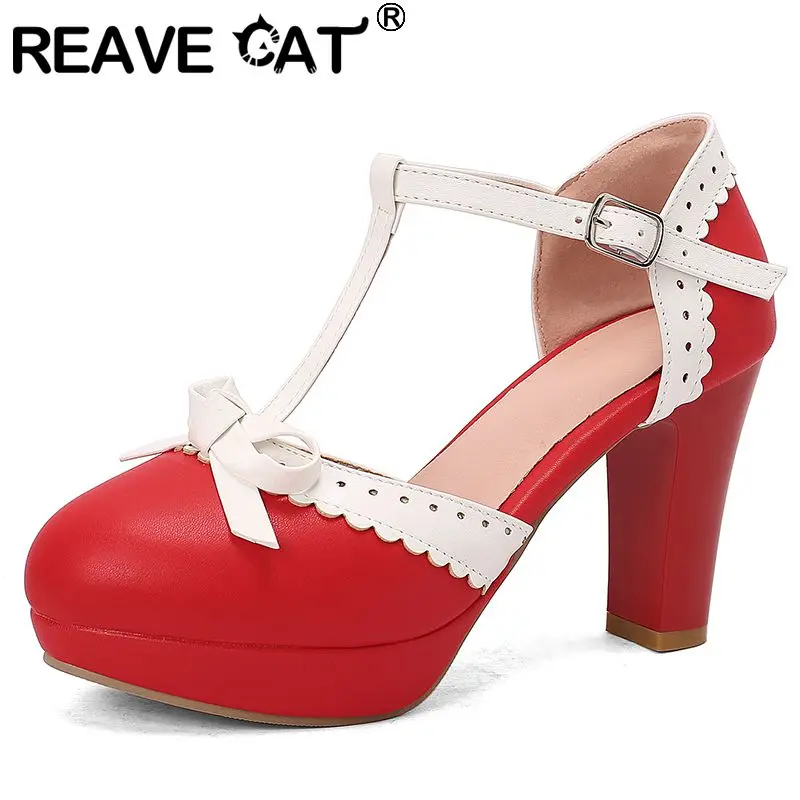 REAVE CAT Lolita Style Women Pumps Round Toe Block Heels 9cm Platform 2cm T-Strap Mixed Color Big Size 47 48 Sweet Dress Shoes