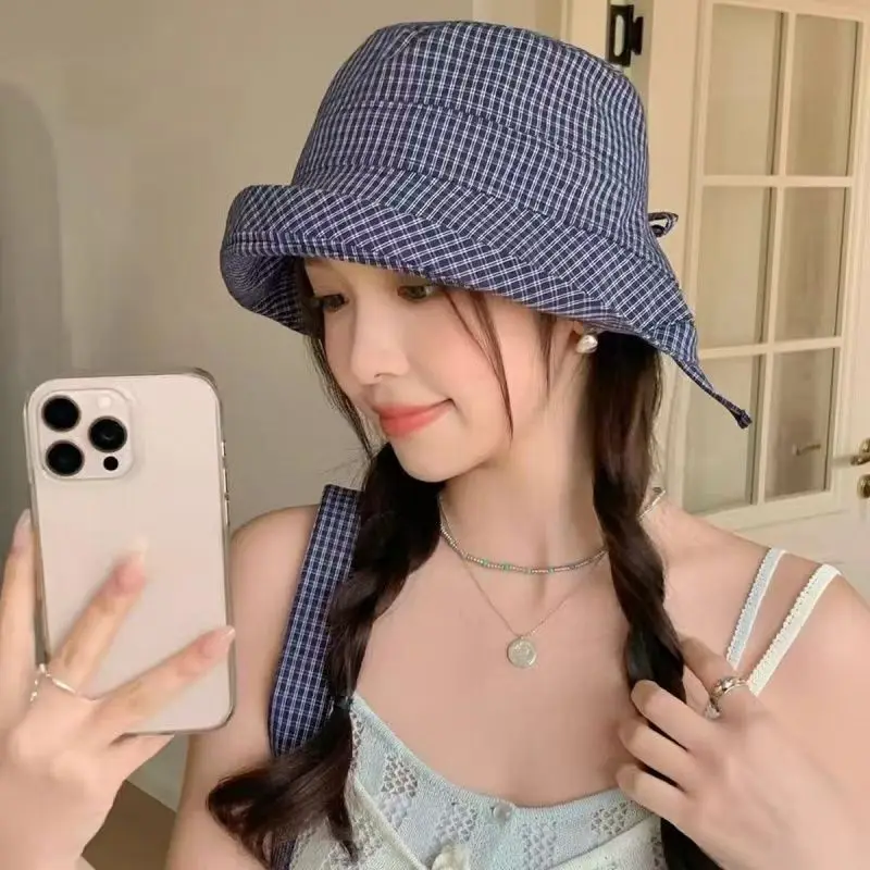 Ladies' Spring&Summer Checkered Rolled Edge Fisherman Hat Outdoor Travel Strap Fashionable Sun Protection&Sunshade Basin Hat