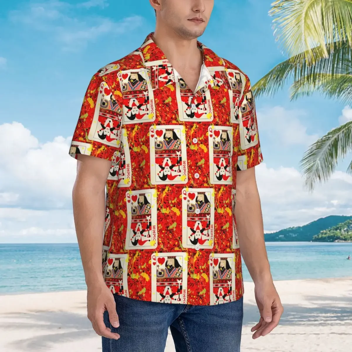 Casino Nights Red Queen Of Hearts Hawaiian Shirts Casual Men Short Sleeve Shirt for Summer Beach Men's Lapel Tops