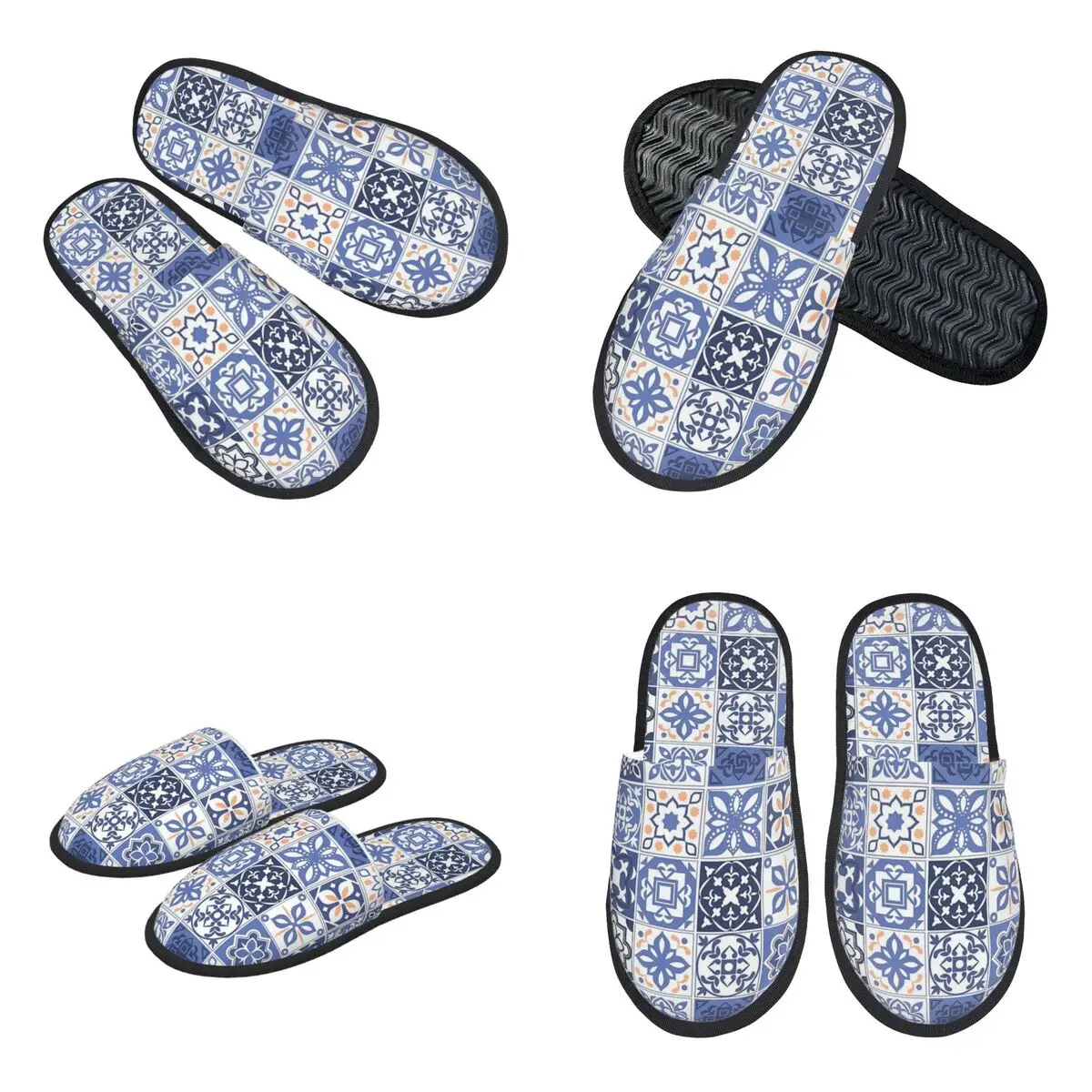 Custom Blue Portuguese Tile Slippers Memory Foam Warm Soft Women House Slipper Indoor Comfy Shoes