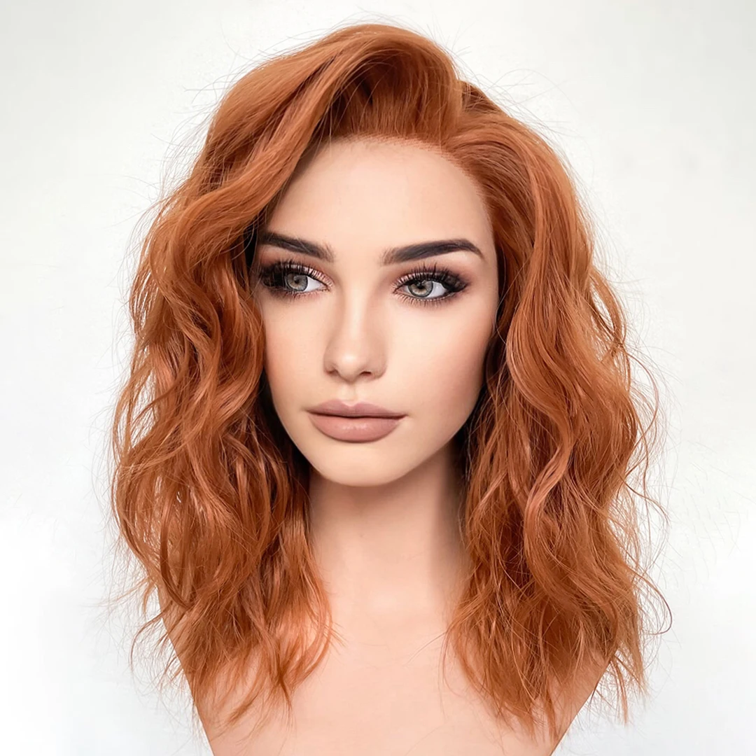 360 Color Copper Brown Water Wavy Short Bob Synthetic Transparent Lace Wigs for Women Glueless Lolita Daily Wear Synthetic Wigs