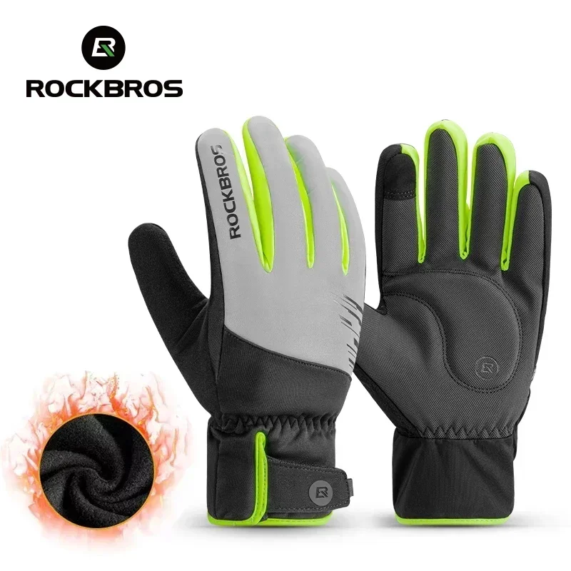 ROCKBROS Fietshandschoenen Winter Winddicht Warm Houden Reflecterende Handschoenen Verdikte Palm Pad Touchscreen Nachtfietshandschoen MTB Heren