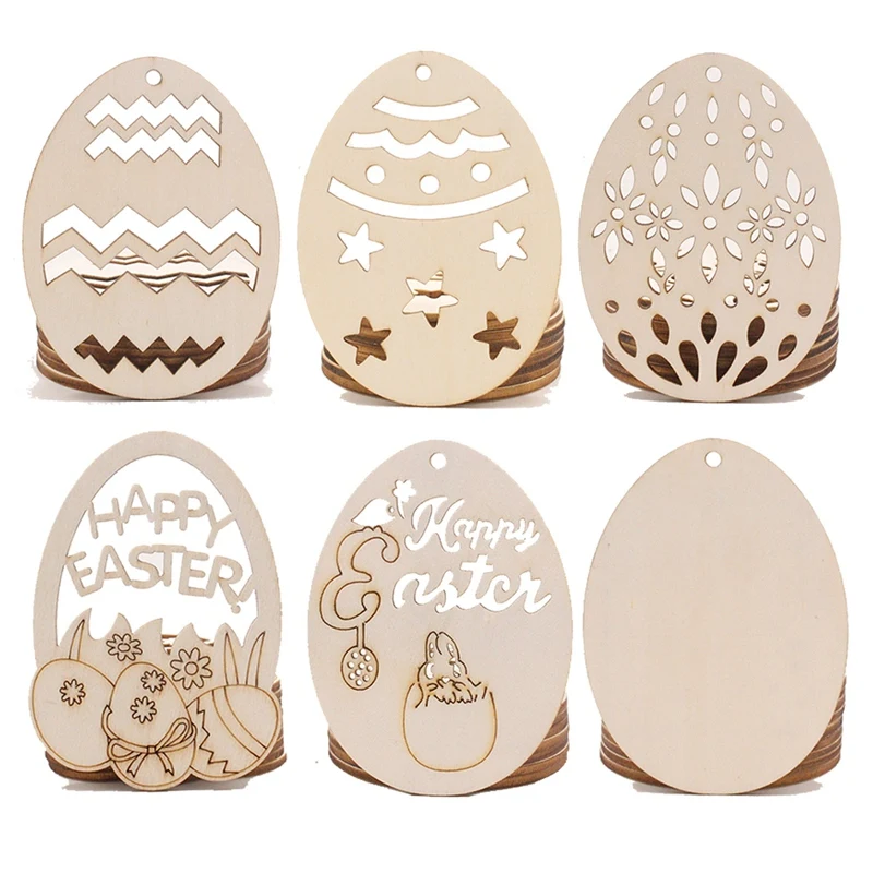 HOT-20Pcs Happy Easter Wood Pendant Bunny Egg Chick Flower Hanging Ornament With String Home Party Decor DIY Painting