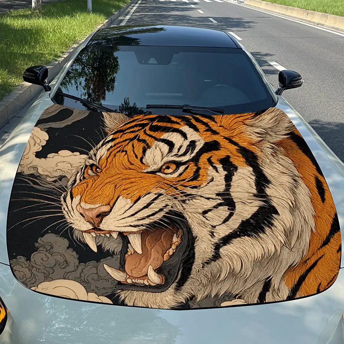 

Traditional Painting Style Tiger Car Hood Wrap - Self-Adhesive Waterproof Scratch-Resistant Vinyl Decal, Durable PVC Car Hood St