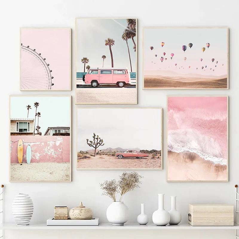 Nordic Summer Vacation Tourism Beach Canvas Print Pink Surfing Ocean Palm Tree Wall Art Poster for Living Room Home Decor Gift