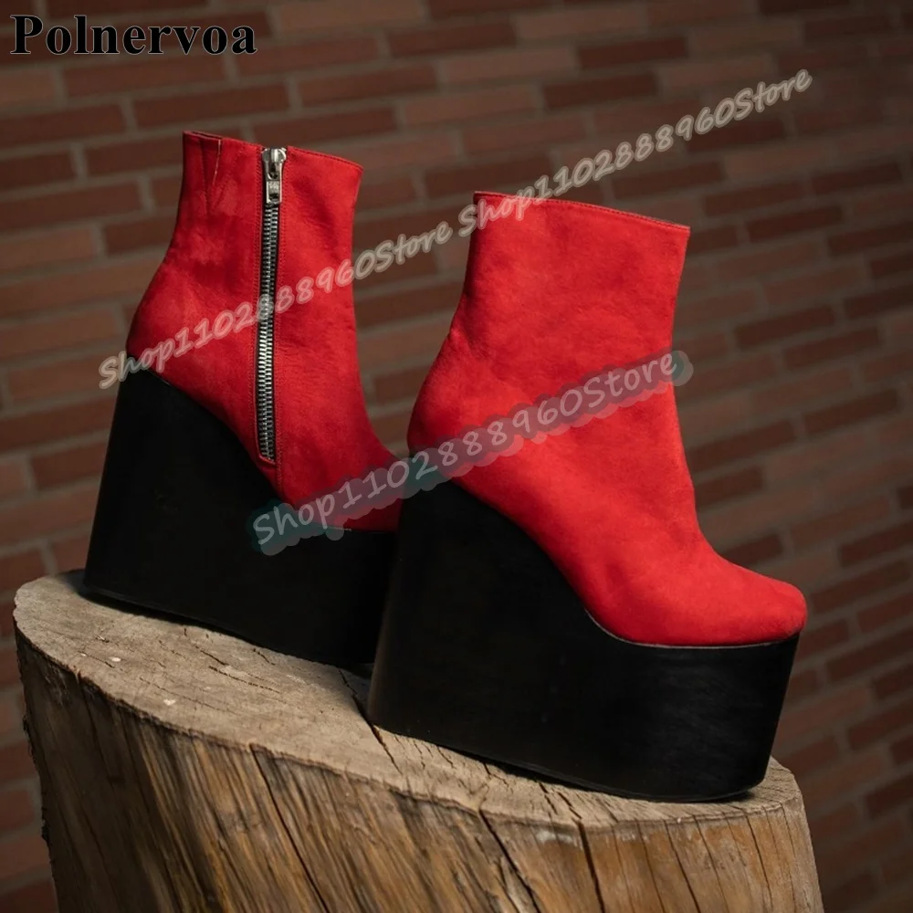 اليدوية الأحمر الجلد المدبوغ منصة حذاء من الجلد أسافين أحذية عالية الكعب للنساء الجانب سستة جولة تو موضة عادية Zapatos Para Mujer #3
