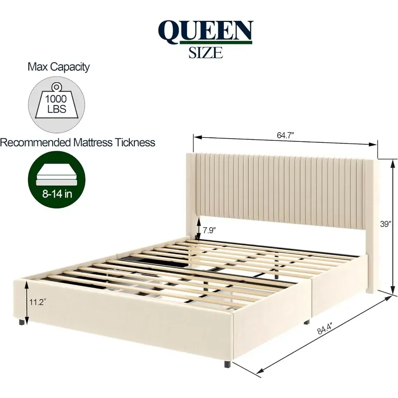 Queen Size Wingback Platform Bed Frame with 2 Drawers, Modern Design Headboard, Wooden Slat Mattress Support, Ivory Velvet