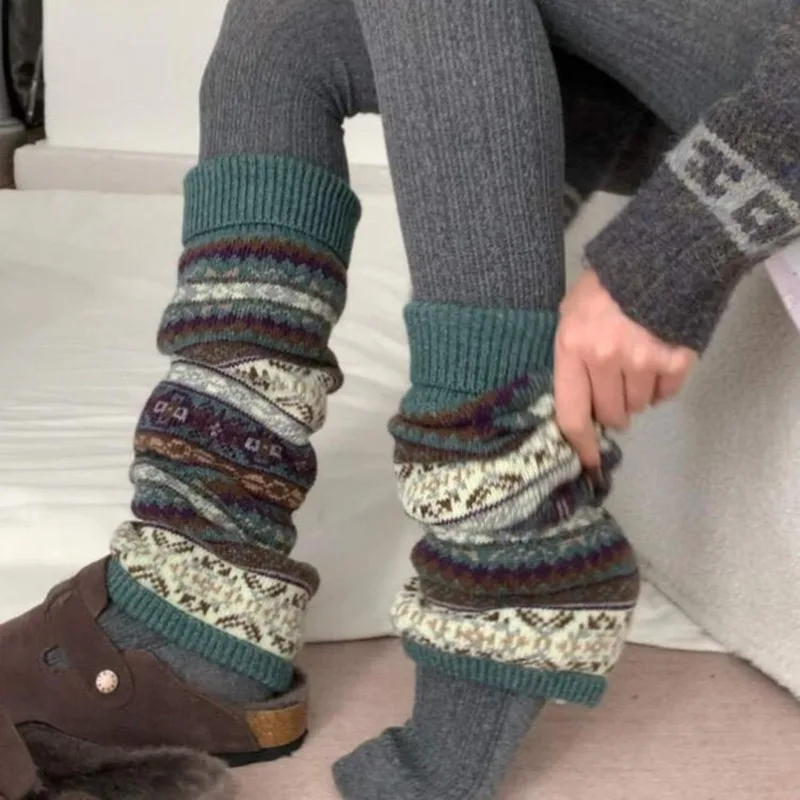 

Bohemian Style Warm Foot Cover for Women Autumn Winter Leg Warmers Christmas Red Color Blocking Pile Calf Socks Without Foot