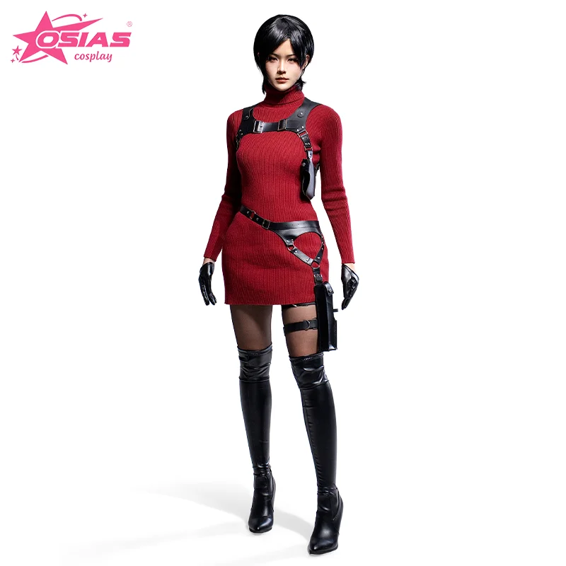 

OSIAS Ada Wong Cosplay Costume For Women -Thick & Stretchy Red Knit Sweater Dress, Adjustable Holster & Belt