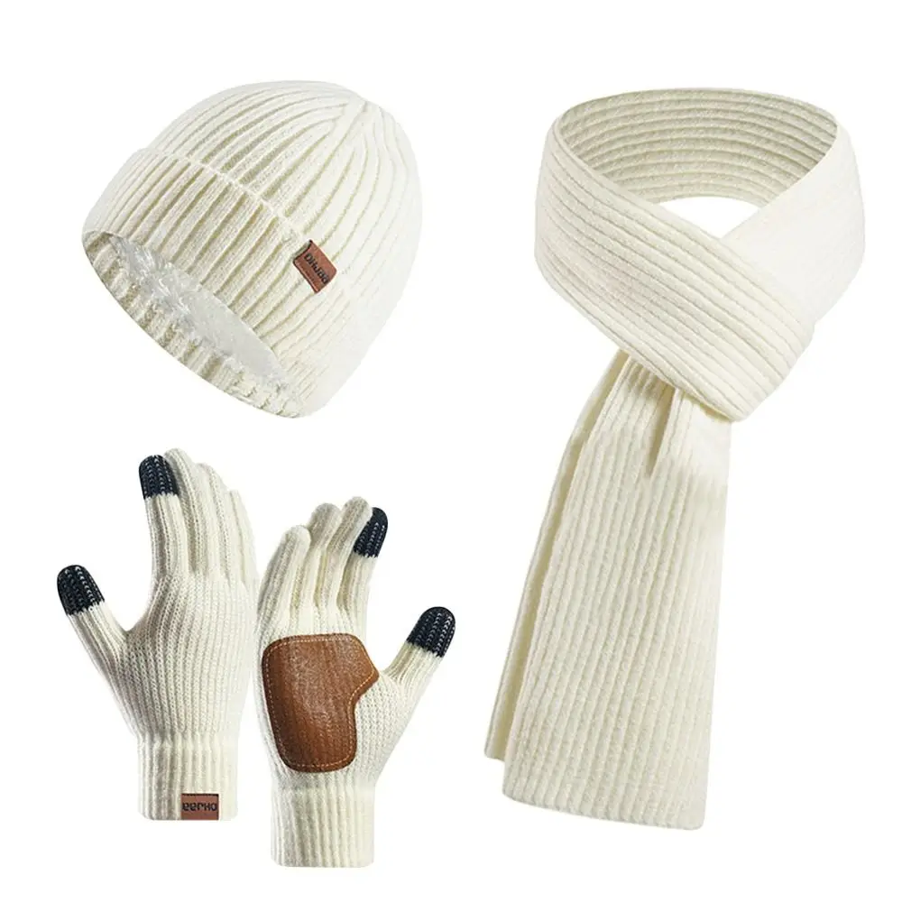 3Pcs/Set Warm Women Hats Scarf Gloves Set Ear Protection Soft Winter Warm Mitten Non-slip Touchscreen Gloves for Men Women