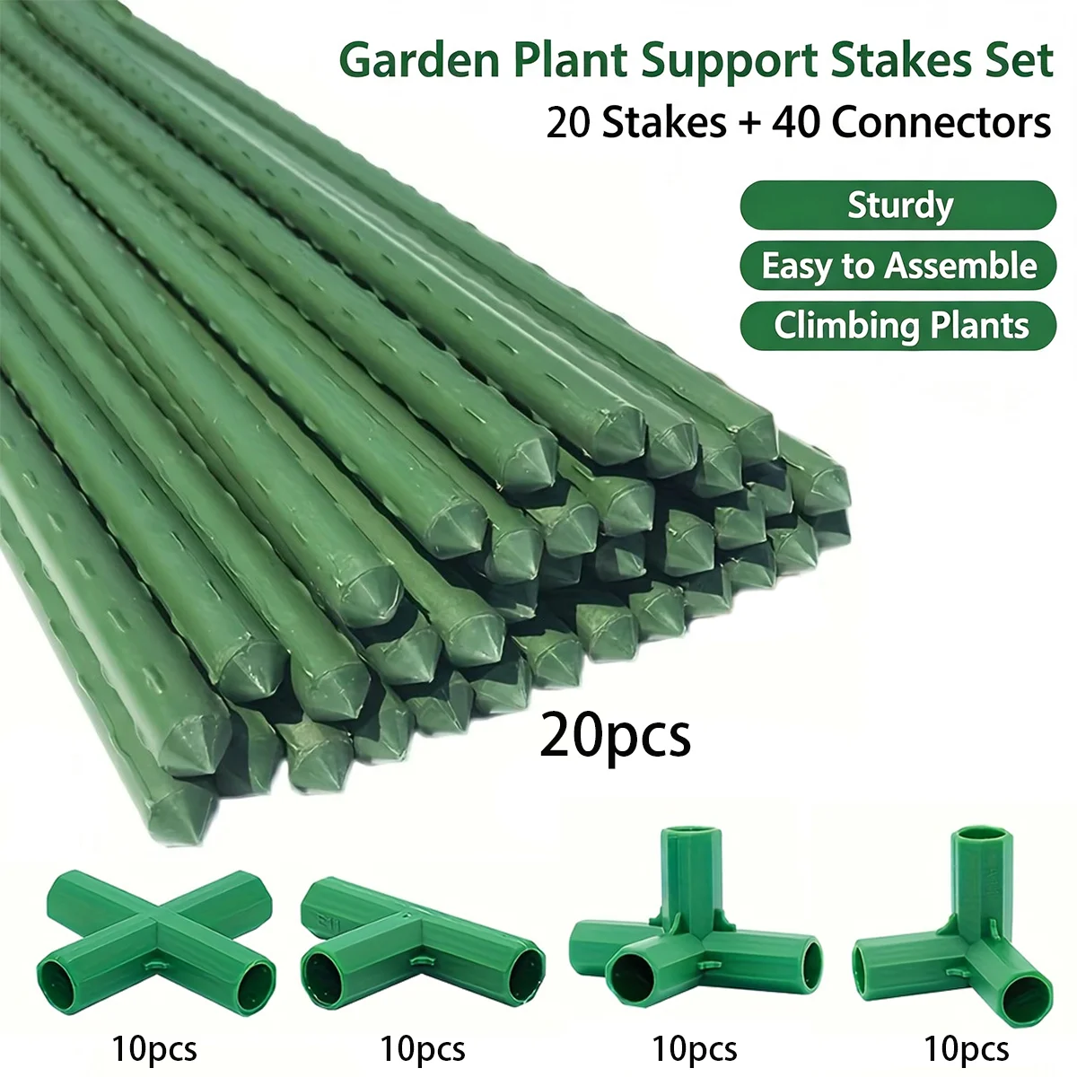 Garden Plant Support Pole Set: 20 plant support poles with 40 plastic connectors. Suitable for building garden trellises.